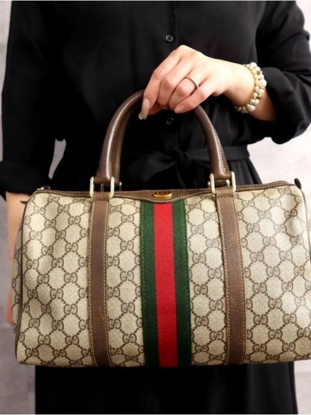 Authentic Gucci Supreme Sherry Web Boston Bag Brown Excellent Condition